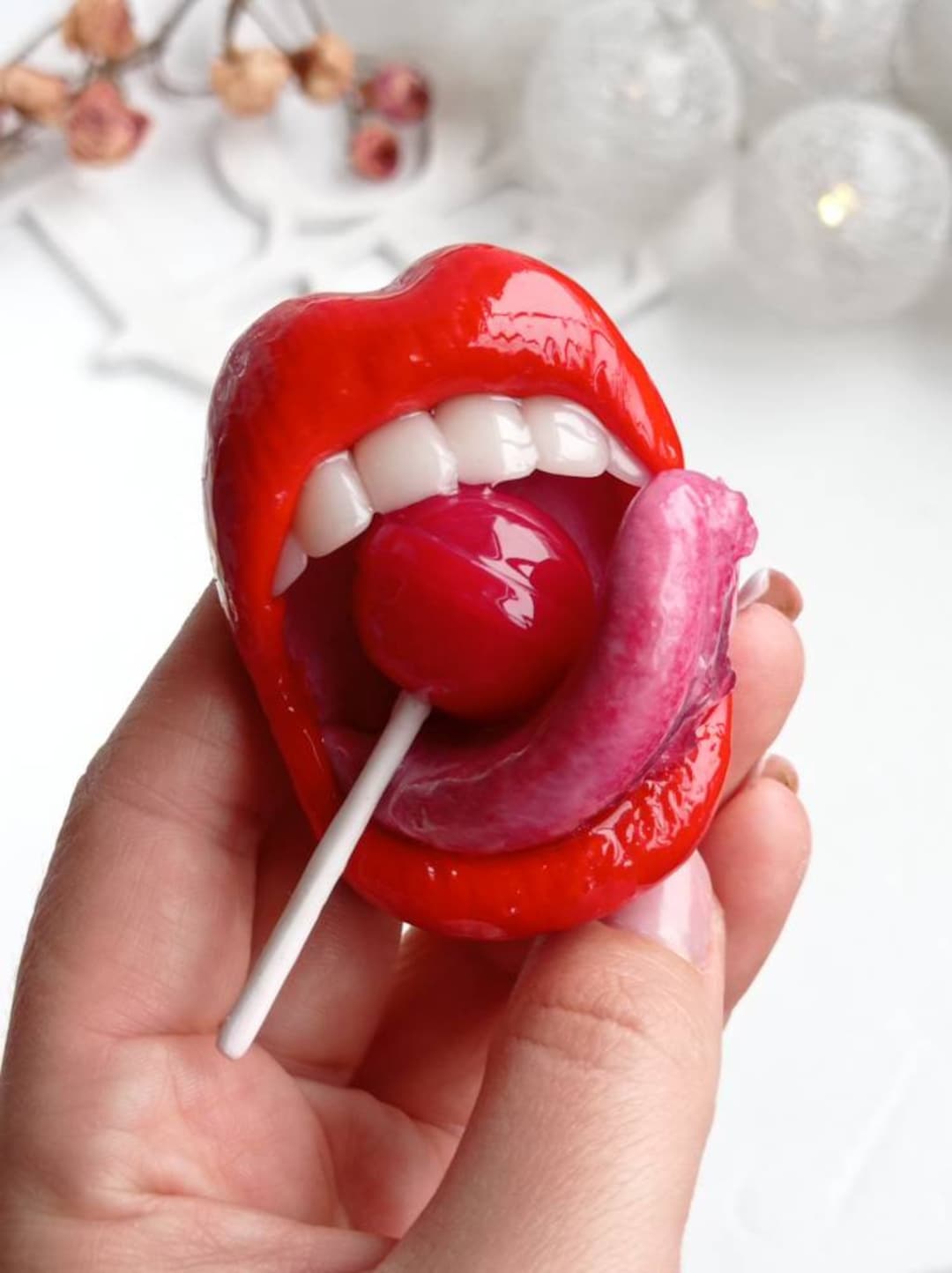 Lollipop in Mouth Brooch Red Lips Clay Pin Sweet Lips Sexy Red Jewelry Valentines Gift for a