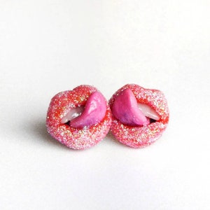 Shiny Red Lips stud earrings Sweet lips jewelry Gift for a girlfriend Woman Cosmetologist Dentist, Beauty worker Lips Mouth with tongue