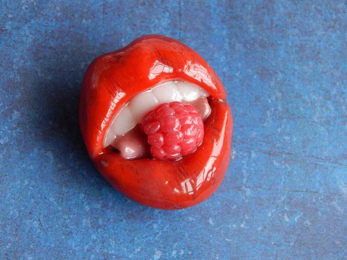 Red Lips Brooch Polymer Clay Lips With Raspberries Shawl Pin Etsy
