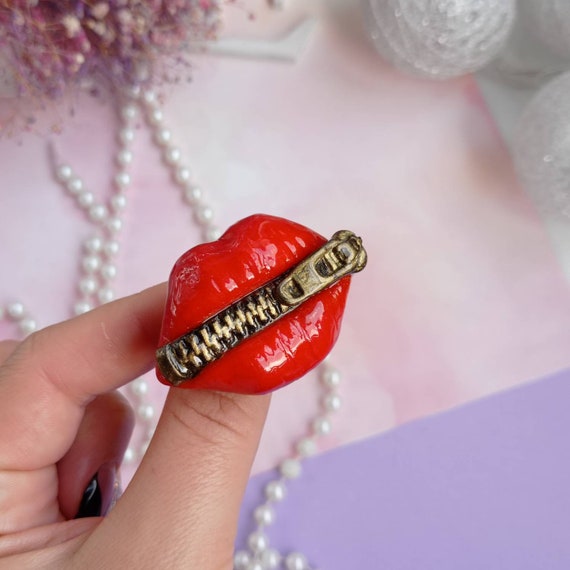 Red Lips Pin Lips With Zipper Mouth on the Castle Sexy Brooch Etsy