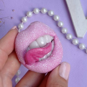 Pink shiny lip pin Mouth with tongue brooch Purple Sexy shiny jewelry Gift for girlfriend myself Nurse Cosmetologist Permanente Makeup work