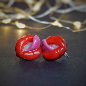 Sexy Red Lips stud earrings Sweet lips Hot Red jewelry Gift for a girlfriend Bestie Lips Mouth with tongue Medic Nurse Cosmetologist gift