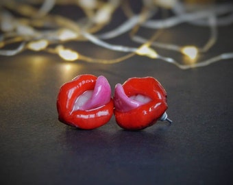Sexy Red Lips stud earrings Sweet lips Hot Red jewelry Gift for a girlfriend Bestie Lips Mouth with tongue Medic Nurse Cosmetologist gift
