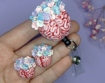 Flower brain badge reel ID holder Human 3d brain earrings anatomy Therapist gift Nurse Neurosurgery Psychology Hospital Retractable reel