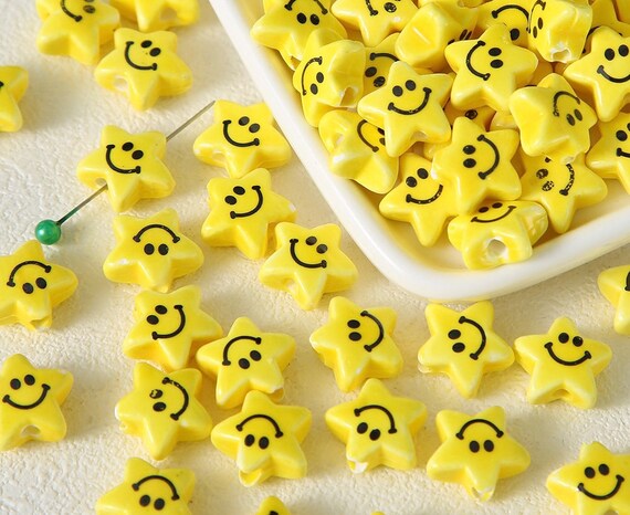 10 Pcs Yellow Smiley Face Ceramic Vertical Hole Loose Spacer Beads
