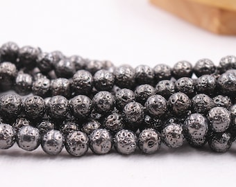 Electroplate Volcanic Rock Lava perles, noir plaqué Lava perles rondes, 6mm - 12mm Volcanic Rock Lava Beads Wholesale 15 » par brin