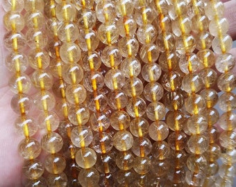 Natural AAAAA Golden Rutilated Quartz Smooth Round Beads,4mm 6mm 8mm 10mm 12mm Gold Rutilated Quartz Beads Wholesale Supply,one strand 15"