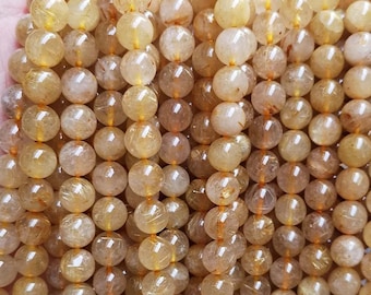 Natural Golded Rutilated Quartz Smooth Round Beads,4mm 6mm 8mm 10mm 12mm Golded Rutilated Quartz Beads Wholesale Supply,one strand 15"