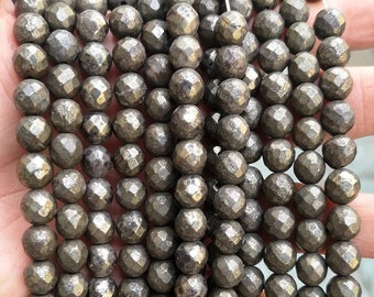 Natural Faceted Iron pyrit Smooth Round Beads,4mm 6mm 8mm 10mm 12mm Iron pyrit beads wholesale supply,one strand 15"