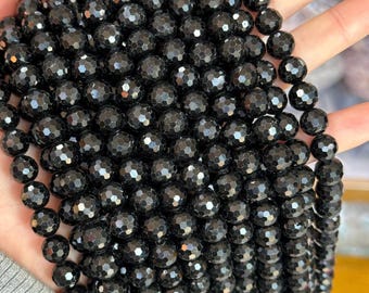 Perles rondes lisses à facettes de tourmaline noire AAAA, 6 mm 8 mm 10 mm, vente en gros de perles de tourmaline noire, un rang 15".