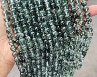 Perle rotonde lisce al quarzo con cristalli di chorite naturale, perline di quarzo chorite da 6 mm 8 mm 10 mm 12 mm 14 mm Fornitura all'ingrosso, un filo 15 ''
