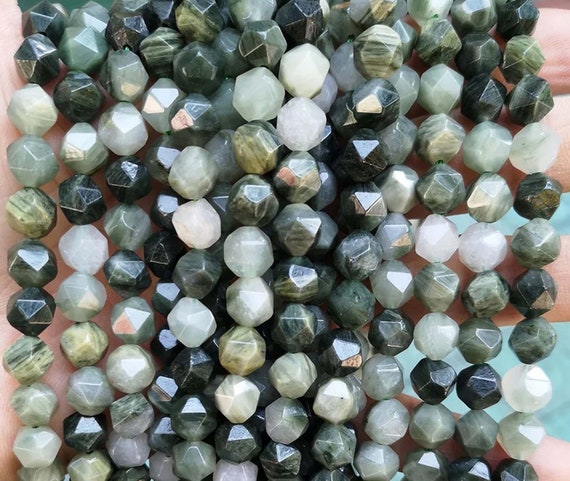 Natural Faceted Star Cut Green Labradorite Nugget Diamond Beads