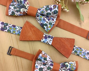 Wooden bow tie and Liberty Wiltshire green and terracotta fabric - Men's, children's / Pocket square / Cufflinks - Wedding