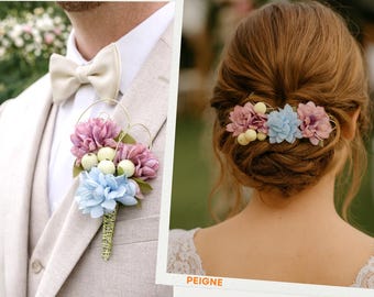 Boutonniere and/or ceremony comb – Rose, blue, berries and metal wire – Bride and groom matching set – Hair accessories, wedding headpiece