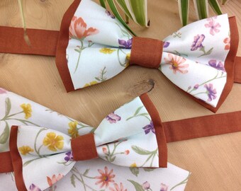 Soft green and terracotta/hazelnut bow tie - Men's, children's, pocket square, floral cufflinks - Wedding, ceremony, christening