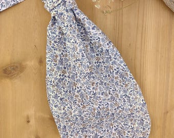Pre-tied ascot tie, blue and brown Liberty print - men's/children's - Pocket square, cufflinks - Floral rustic wedding accessories