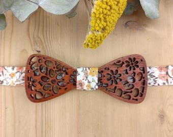 Wooden and Liberty fabric bow tie - Floral pocket square / Terracotta, burnt orange - Wedding, ceremony, christening, communion