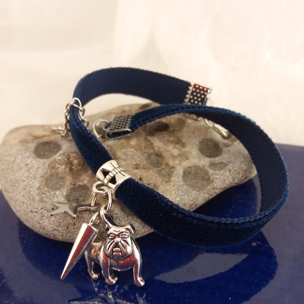 Bracelet velours bleu marine, breloque animal chien ou chat - Personnalisable