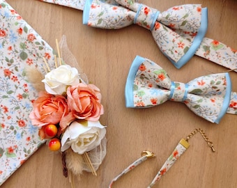 Liberty print bow tie in orange, blue, and green, for men/children, pocket square, cufflink, bridesmaid bracelet