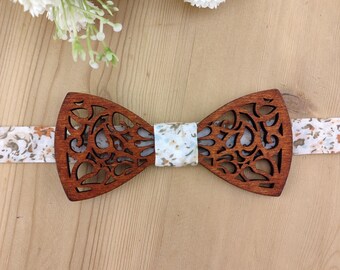 Wooden bow tie and Liberty Terracotta fabric - Floral pocket square / Cufflinks - Wedding, ceremony, christening, communion