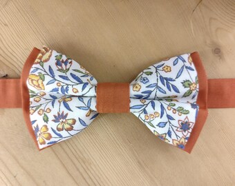 Terracotta and Floral Bow Tie – Father-Son Duo, Matching Pocket Square and Cufflinks – Rustic & Boho Wedding