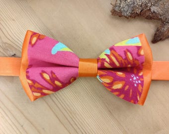 Adult and child bow tie, floral pink/orange/burnt orange cotton suit pocket square - Wedding, ceremony, christening, communion