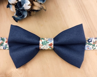 Pajarita azul marino con detalles florales terracota - Adulto, Bebé, Niño - Pañuelo de bolsillo, gemelos, pulsera de flores / Boda