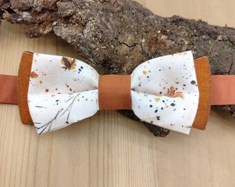 Wooden and terracotta patterned fabric bow tie - Matching pocket square - Plain cufflinks - Wedding, ceremony, christening