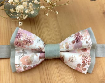 Sage green bow tie with powder pink flowers - Men's, baby, child's / Pocket square / Cufflinks - Wedding accessory