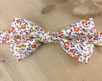 Adult/child bow tie, orange Liberty print flowers, olive green/khaki - Rustic Wedding Party, Suit Pocket Square, Cufflinks, Bracelet