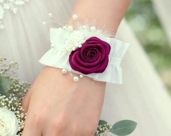 Floral cuff bracelet - pearls, feather and satin flowers - Bridal jewelry, bridal party accessory, bridesmaid, wedding, Customizable
