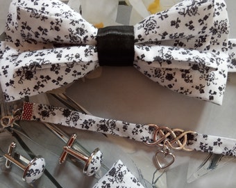 Papillon per adulto, bambino, tasca per abito, gemelli, braccialetto in tessuto a fiori Liberty bianco e nero - Matrimonio