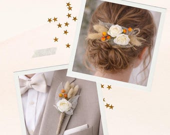 Floral comb and/or boutonniere – Ivory rose, orange berries, skeleton leaf, dried bunny tails – Wedding hair accessories