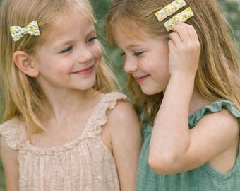 Liberty print yellow bow hair clip - Crocodile clips or snap clips - Rustic wedding accessory