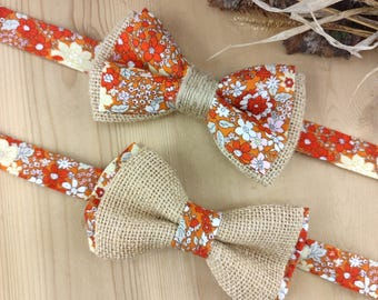 Jute & Floral Orange Bow Tie on Terracotta Background - Men's/Baby/Children's - Pocket Square, Cufflinks, Bracelet - Wedding