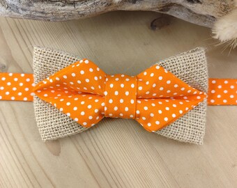 Orange bow tie with white polka dots and burlap | Adult, child, pocket square, cufflinks | Boho wedding, men's gift