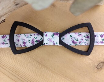 Wooden bow tie with purple Liberty fabric - Floral pocket square - Cufflinks - Wedding, ceremony, christening, communion