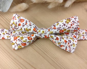 Double bow tie for adult/child, orange and green Liberty print flowers - Rustic Wedding Party, Suit Pocket Square, Cufflinks, Bracelet
