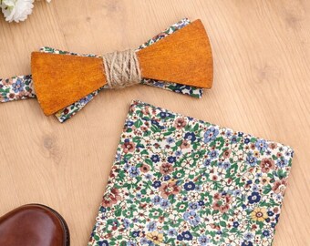 Wooden bow tie with Liberty fabric / Terracotta, green and blue floral pocket square / Cufflinks - Wedding, formal