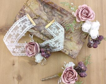 Lace necklace/bracelet/hair comb/buttonhole with dusty rose flower - Bridal jewelry - Wedding accessory: choker, cuff