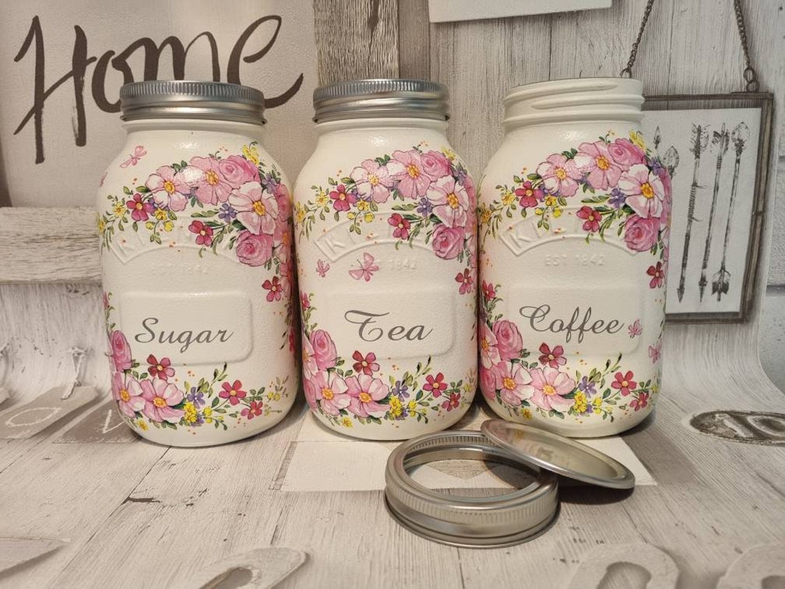 PINK FLORAL Tea Coffee Sugar canisters. Storage Jars. Etsy