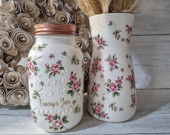PINK ROSES, Savings jar, vase,floral centrepiece, storage jar. Personalised with name of your choice. Tip Jar, Savings jar, home decor