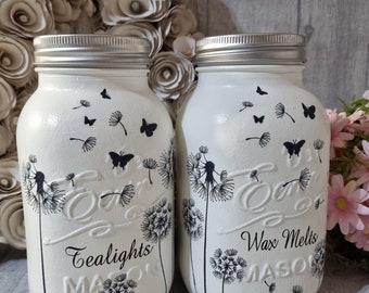 Dandelion decor,  Set of 2,  wax melt and tea lights storage jar, black and white shelving decor, home decor, wax melt gifts