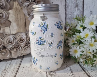 FORGET ME NOT, memory jars, storage jars, blue room decoration, floral shelving decor, wax melt storage, flower centre piece