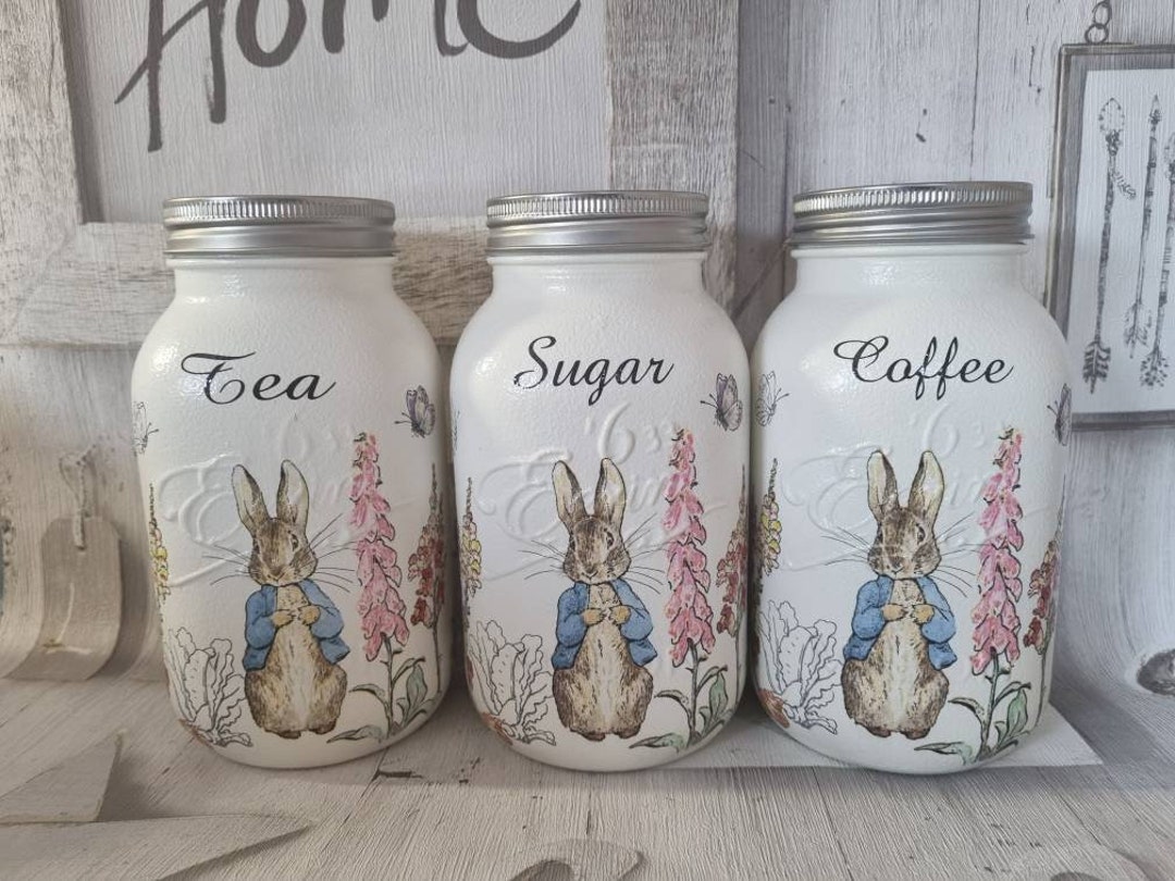 PETER RABBIT Set of 3 Glass Kitchen Canisters Tea Coffee Sugar Storage
