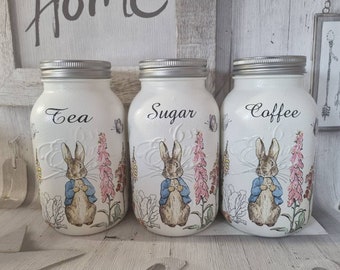 PETER RABBIT: Set of 3 Glass Kitchen Canisters - Tea coffee sugar Storage Jars, kitchen canisters, kitchen storage, kitchen decor