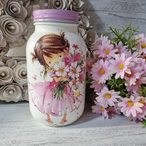 PINK FLOWER GIRL: girls room decor, centrepiece, money jar, wish jar image 1