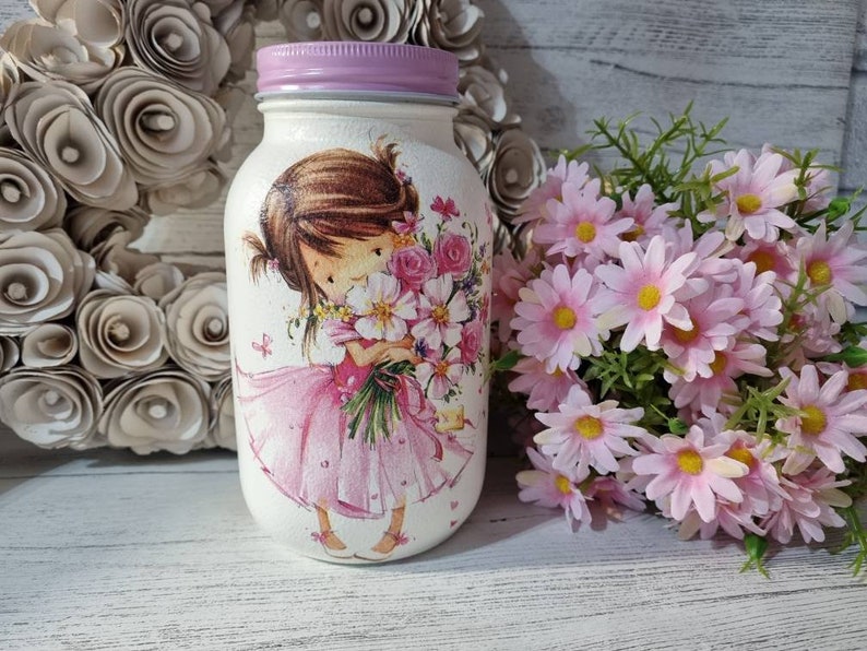PINK FLOWER GIRL: girls room decor, centrepiece, money jar, wish jar image 1
