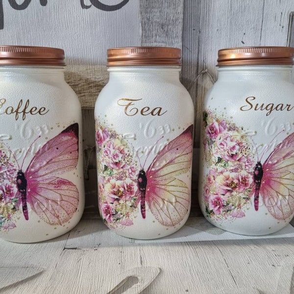 BUTTERFLIES: Set of 3 Vintage Style Glass Kitchen Canisters, Tea Sugar Coffee, Storage Jars, New home gift, new kitchen, kitchen decor