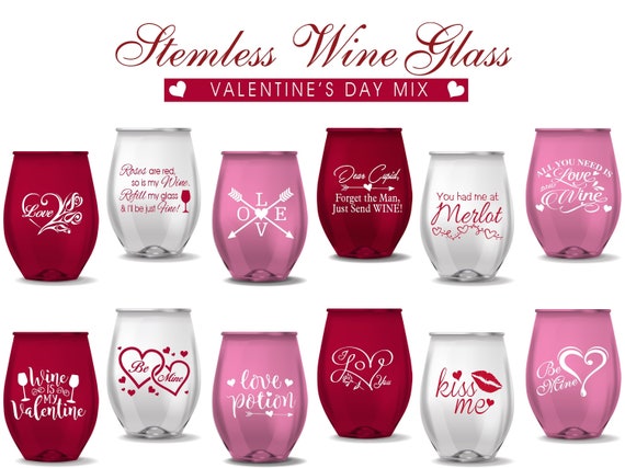 Set of 12 Stemless Valentines Wine Glasses, Valentines Gift, Funny